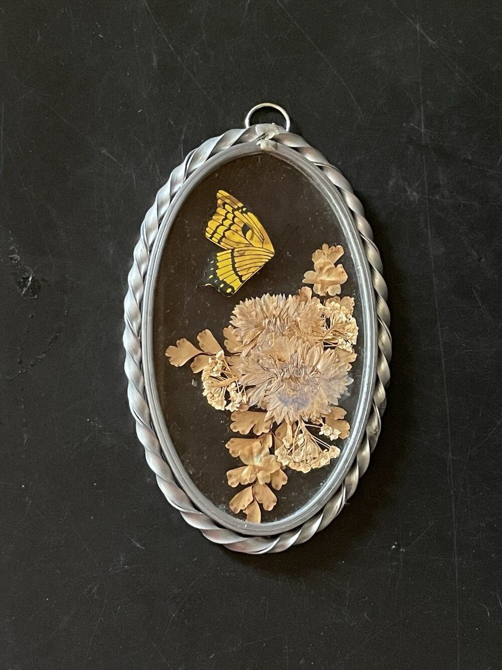 Vintage Pressed Dried Flowers & Butterfly Shadow Box Silver Metal Wall Art